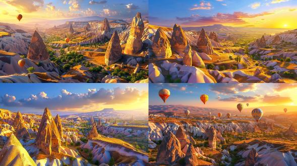 卡帕多西亚独特地貌于前景，戈壁沙漠风光，棕白风化塔岩，落日余晖，自上而下视角，写实风游戏插画，高分辨率，完美光照 。 特写 沙漠 荒野 疯狂麦克斯