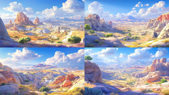 卡帕多西亚独特地貌，沙漠岩石融合，有植物，蓝天白云，顶视角，游戏插画风，高分辨率，写实，明亮色彩，宁静，完美光照。 疯狂麦克斯 荒野 沙漠 鸟瞰