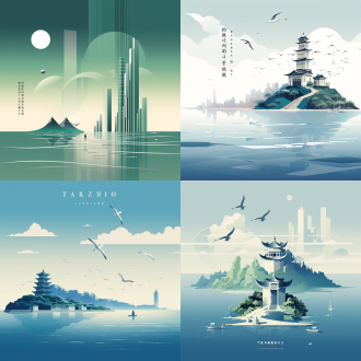 台州标志性建筑海报，山海背景，融入古迹，现代建筑居中，光影几何构图，蓝绿白灰主色调，有人文场景，鸟瞰视角。