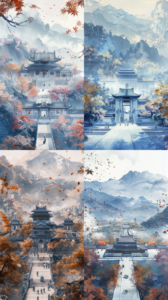 千年国清寺，大雄宝殿居中，云雾山景为背景，淡彩渲染，天台宗法器点缀，有落叶、僧人，对称布局，青灰色调，禅意宁静。