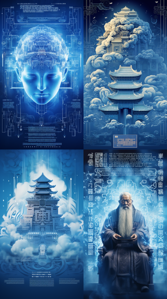 “智韵国清”海报，科技蓝背景ai云雾，3d国清寺与智顗大师ai像，天台宗图案、动态二维码，留白，动态交织，冷色调，科技感。