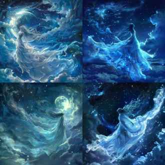 女神降临夜空，轻盈身姿，月光编织，银辉衣袂，长发如瀑，星辰点缀，温婉庄严，深邃眼眸，慈爱秘密，流光长裙，繁星银河，宝石光芒，云雾缭绕，星辰交映，流星致敬，梦幻场景，神圣浪漫。