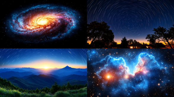 银河星空，电影级质感，广袤宇宙，深邃蓝色调，星辰闪烁，长曝光，宽广视野，低光环境，星轨流动，宁静神秘。