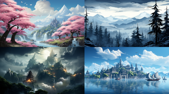 山水画，中国古风，远景构图，水墨风格，山峦叠嶂，云雾缭绕，松树点缀，古典服饰，淡雅色彩，长焦镜头，柔和光线，静谧氛围，禅意。