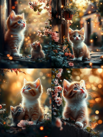 画面展示小猫咪在院子里，和猫妈妈一起玩耍，周围是温暖的灯光。图片高质量，3d高清，儿童绘本风格