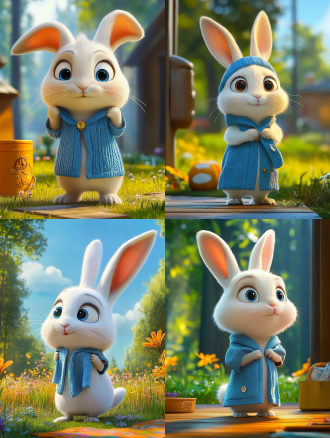 小兔子穿衣遮头，三分法构图，森林草地环境，微距镜头，暖光，可爱姿态，粉色调，活泼俏皮。