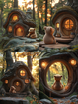 小熊坐树屋前望远方，三分法构图，森林环境，暖黄调，长焦镜头，逆光，静态，可爱模样，宁静氛围。