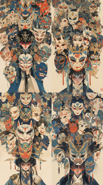 36个京剧脸谱，分别代表36诸天，围绕着中间一个穿着汉服，带着面具的黑发少年，古风装扮，平涂海报风格，简洁背景，全身照，精致细节，黑发飘逸，眼神坚定，简单干净，对称构图，高分辨率，室内环境，标准镜头，柔和光线，静态姿势，传统色彩，文化韵味