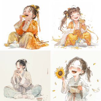 大笑表情女孩吃瓜子，活泼，低饱和度汉服服装，白色鞋子，纯白背景，q版漫画，中国工笔风格，线条勾勒，简洁构图，高饱和度，平面化，夸张表情，明亮光线，静态，自信，纯净色彩，幽默感。 工笔画