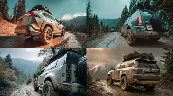 一张低角度拍摄的照片，展示一辆坚固的越野 suv，配备大型全地形轮胎，在泥泞的森林小径上行驶，车辆覆盖着一层薄薄的泥土，背景是树木和山脉，suv 配备了车顶行李架和后部安装的备胎，展现出坚韧和冒险的外观，电影级光线，高细节，使用大疆 mavic air 2 无人机，广角镜头，大地色调。