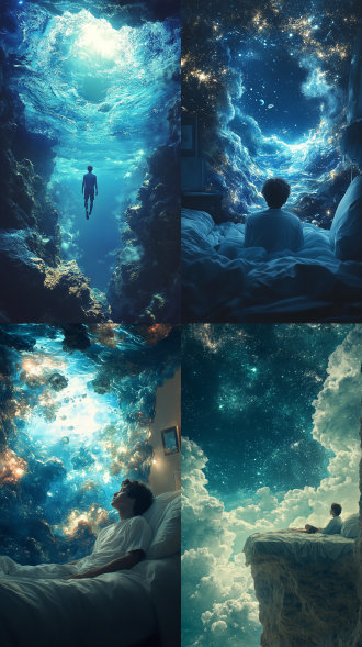 他沉浸于梦境与现实之间，床下是未知的深渊，床上则漂浮在宽广的大海上。他时而勇敢面对深渊的黑暗，时而飘摇在大海的波涛之中。终于越过深渊，他终于找到了那片属于自己的柔软大海。成长的路途中充满了挑战与探索，但他最终找到了自己的幸福与价值。