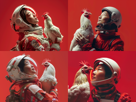 中国30岁男宇航员，大眼睛，戴宇航帽，仰视，3/4侧脸，自信微笑，手持大白母鸡。摄影写实风格，影棚光影，红色，高清背景，8k，v6