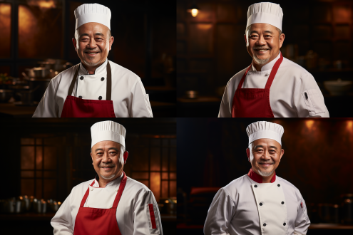 中国厨师，白色衣服，全侧脸，开怀大笑，红色背景，室内影棚光影，写实风格，高清，8k，v6半身头部特写