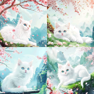 白猫金色眼睛，树林樱花环绕，山脚玩耍，暖光聚焦，镜头优先，自然环境，柔和光线，动态捕捉，宁静表情，白色毛发，粉色樱花，金色瞳孔，无忧无虑。
