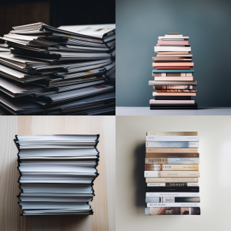 桌面杂志堆，对称构图，极简主义，室内，冷色调，微距镜头，柔和顶光，静物，整齐排列，专注。