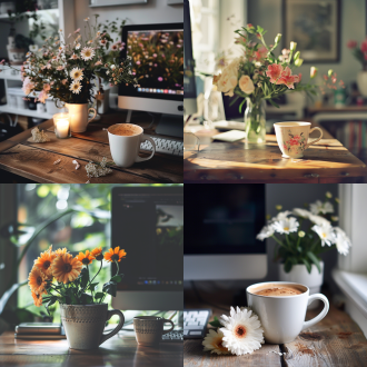 电脑桌前，咖啡杯和鲜花，对称布局，温馨氛围，室内环境，自然光，中焦镜头，柔和色调，静物摄影，放松，舒适。
