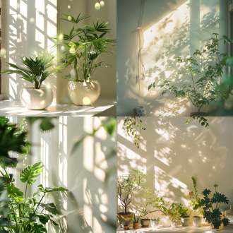 窗边植物，阳光洒落，白色墙面光斑，文艺感，对称构图，柔和光线，室内环境，长焦镜头，浅景深，温暖色调，宁静氛围，自然元素，细腻质感。