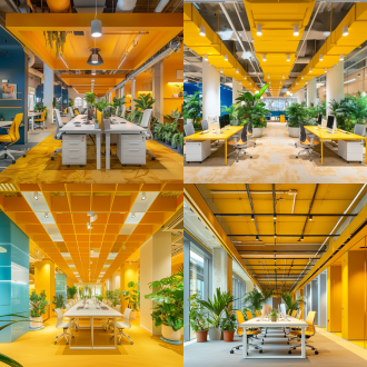 一个现代的共享办公室，可容纳20个人工作的超大艺术空间，顶板黄色涂料，框架组合式灯具，墙面黄色和蓝色涂料穿插，地面地毯，白色的办公家具，空间有绿植，暖光，广角镜头