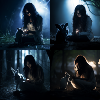 黑色长卷发女人背影，月光下，小白兔蹲旁，剪影效果，夜晚，冷色调，长焦镜头，逆光，静谧，神秘。