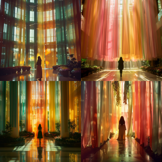 高层大厅，彩色纱幔垂挂，蔓延至地面，女人背影，花朵艺术装置，对称构图，柔和光线，广角镜头，暖色调，梦幻氛围，优雅，宁静。