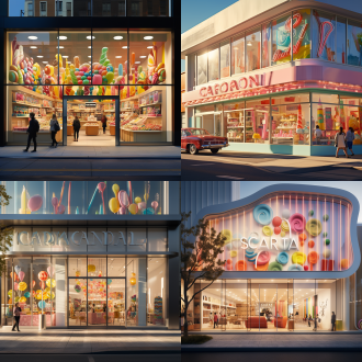 糖果店外立面彩色糖果造型门头白色墙身落地窗，路人路过，文艺风格，暖光，正面构图，中长焦镜头，平静惬意，淡雅色彩。