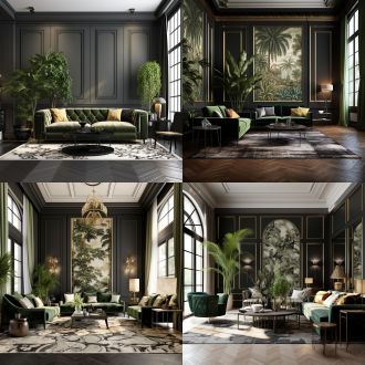 意大利风格客厅，印花壁纸黑色墙裙地砖，绿植窗帘，对称布局，奢华感，日光下，标准镜头，高饱和度色彩，平静。