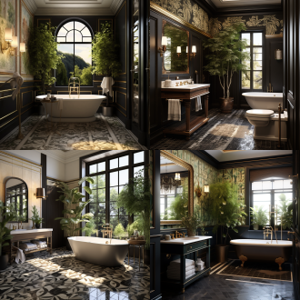 意大利风格卫生间，印花壁纸绿植，黑木墙裙黑地砖，拼花地砖，充足日光，奢华风，对称构图，暖色调，全景，柔和光。
