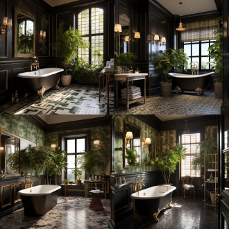 意大利风格卫生间，印花壁纸绿植，黑木墙裙黑地砖，拼花地砖，充足日光，奢华风，对称构图，暖色调，全景，柔和光。