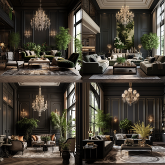 古典意大利风格客厅，黑色木墙板印花壁纸，黑地板地砖，水晶灯绿植挂画，布艺沙发，中心构图，暖光，柔和色调，高雅。