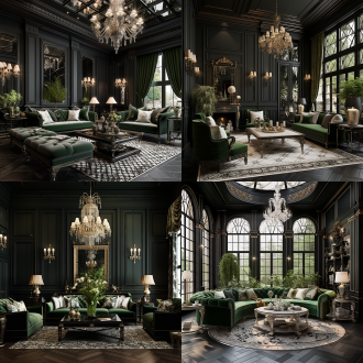古典意大利风客厅，黑色木墙板绿壁纸，黑地板印花地砖，水晶灯软装，布艺沙发，日光，中心构图，高饱和度，奢华。