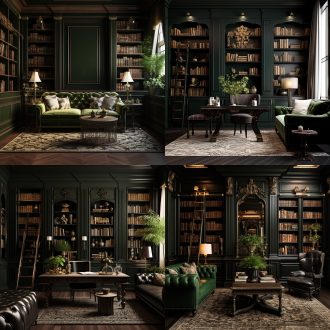 古典意大利风格书房，黑色木墙板整墙书柜，绿壁纸黑地板，软装丰富，奢华，日光，中心构图，暖色调，柔和光线，宁静。