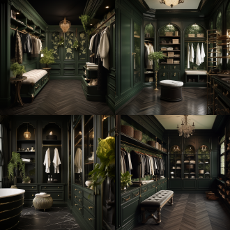 古典意大利风衣帽间，黑色木墙板，开放式柜有衣物配饰，绿壁纸黑地板软装，奢华，日光，中心构图，暖色调，柔和光。