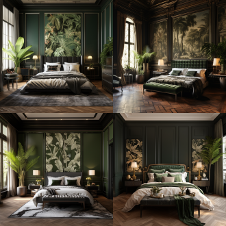 古典意大利风格卧室，黑色木墙板绿色印花壁纸，有绿植挂画，奢华，日光下，对称布局，暖色调，标准镜头，宁静。