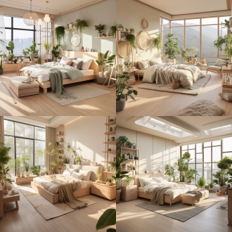 韩式卧室，浅色淡雅温馨，床绿植柜沙发台灯，对称布局，暖光，柔和色调，日光模拟，宁静。