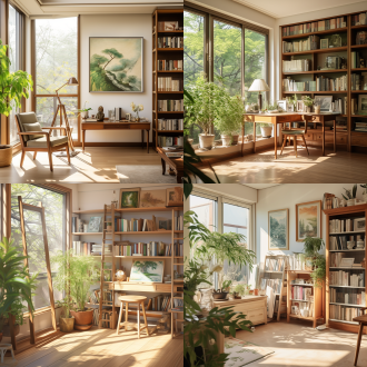 韩式书房，整体书柜琉璃柜门，有绿植油画，浅色淡雅温馨，日光下，中焦镜头，柔和色调，宁静，文艺。