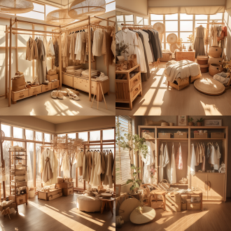 韩式衣帽间，开放式挂满衣物，长裙木抽屉竹筐，淡雅浅色，温馨文艺，日光，中焦镜头，柔和光线，平视，宁静。