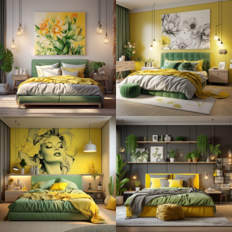 个性化卧式年轻人风格，柠檬黄青绿色调，布艺床头，吊灯台灯，装饰画绿植鲜花，日光，时尚现代，广角，暖光，温馨。