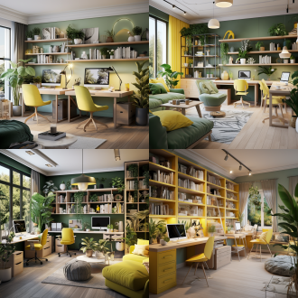 时尚现代的个性化书房，年轻人喜爱，柠檬黄青绿色调，吊灯绿植挂画，白色桌椅书柜，中心构图，平光，高饱和度，宁静。