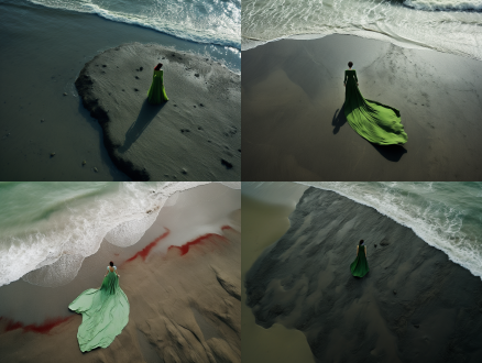 沙滩，红色的海水，黑色的沙滩，鸟瞰的镜头，沙滩上有一个身穿浅绿色拖地裙子的女人