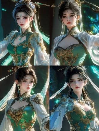 东方唯美的游戏角色，三国游戏，女性角色，绿色的上衣，白色衣服，梦幻，高清，逼真的纹理，皮肤纹理，布料，发丝，周围有氛围特效，雾气，唯美，仙气