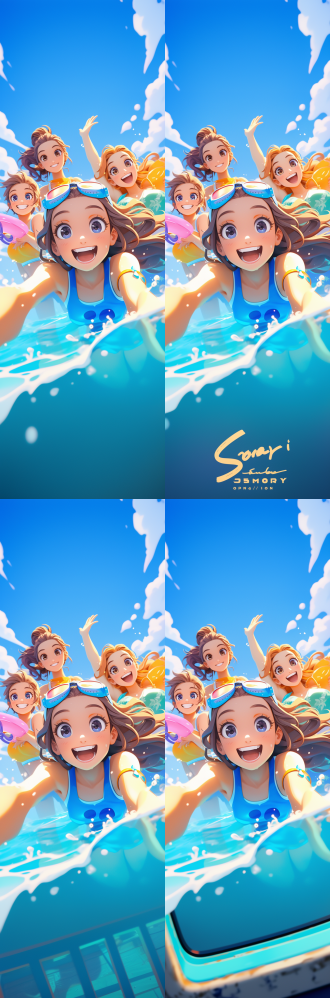 阳光潮流双女孩，盲盒风格，泡泡玛特，俏皮角色设计，马尔代夫，泳池，超真实水体，uhd图像，octane渲染，c4d，8k，对称构图，明亮色彩，高饱和度，阳光直射，广角镜头，动态姿势，欢乐表情，热带环境，细腻纹理，清新氛围。