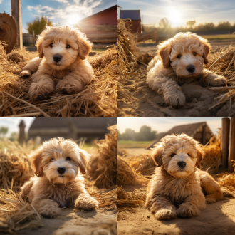 蓬松泰迪犬静卧阳光农场土壤，广角，棕色卷毛清晰，暖光，背景广阔有围栏谷仓，8k超写实，氛围宁静 。