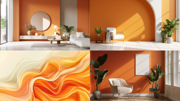 海报简洁纯色背景，以橙色或淡灰色为主色调， 水平垂直， 舞台，对称， 平滑 ，清新 ，干净，整洁，节能，环保，无其它