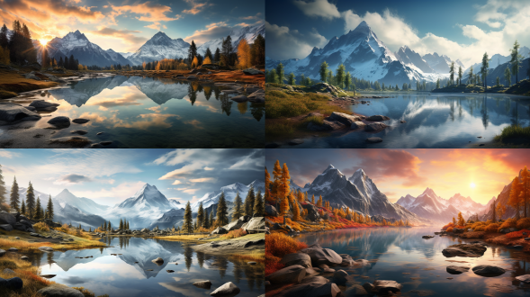 壮丽风景，三分法构图，高山湖泊森林，全景镜头，侧逆光，高饱和度色彩，宁静氛围，超高清画质。