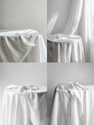 白色桌面，铺着白色桌布，桌布飘逸，质感高级优雅。高清8k，摄影
