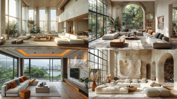 新古典简约客厅，自然光线，柔光版，隔光板，抬高相机角度，极简主义，开放空间，中性色调，大窗户，高角度，柔和光线，自然材质，舒适家具，宁静氛围，现代艺术装饰，清晰焦点，生活气息，开放式布局，中性色彩，大窗户，高视角，柔光，自然材料，舒适家具，宁静，现代艺术，清晰焦点，生活感。