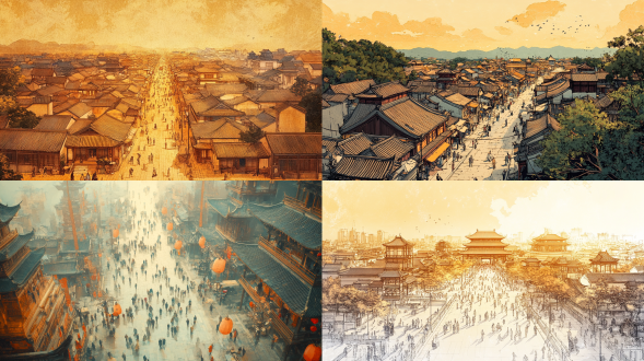 宋代建筑城街道，鸟瞰视角，人来人往商业繁华，线描淡彩，三分构图，暖黄调，全景镜头，顶光，熙攘，古雅。