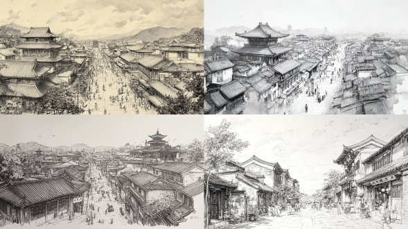 宋代建筑城，街道，线描水墨画风格，瞭看角度，人来人往，商业繁华