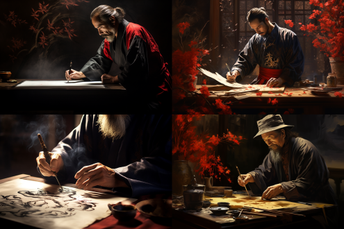 书法大师，毛笔挥毫，细腻壁纸，高分辨率，极致细节，光影完美，绘画风格，笔触生动，艺术杰作，超高质量，精细工艺，色彩丰富，情感深邃。