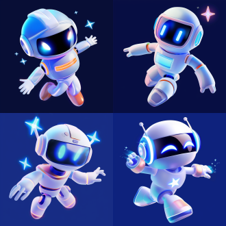 机器人卡通形象侧面向上飞，3d效果，纯色蓝色背景，高饱和度，聚光灯下，上升动作，可爱模样，欢快氛围。